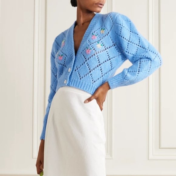 ALESSANDRA RICH Blue Embroidered Pointelle Cropped Cardigan IT 38 - Picture 1 of 8
